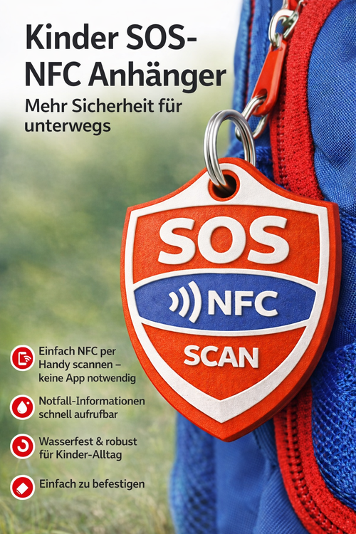NFC SOS Kinder-Anhänger aus Weichgummi, SOS-Tag rot weiß blau, mit Schlüsselring